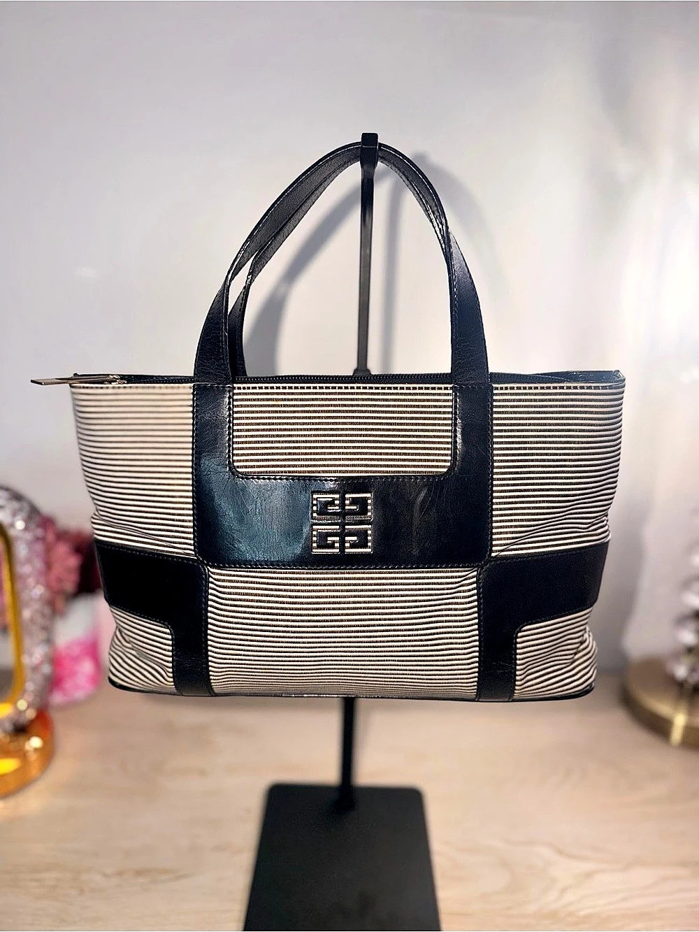 Givenchy Coated Canvas Striped Large Antigona Tote Black & White